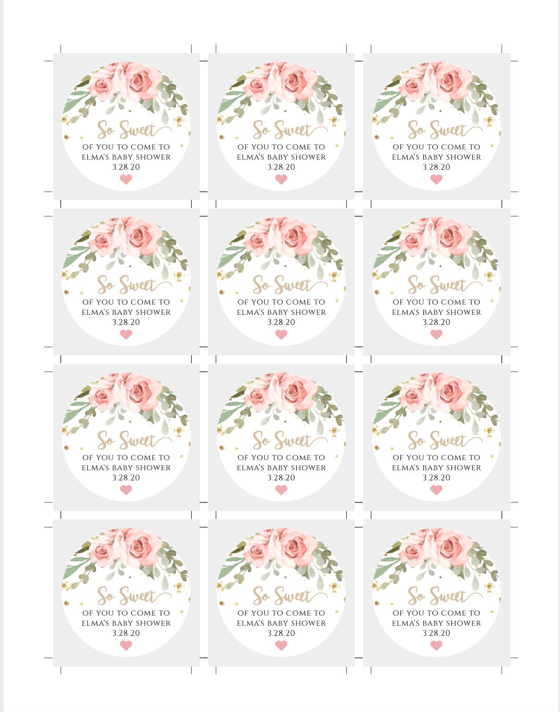 2 Round Pink Floral Favor Tag or Sticker Template Blush | Etsy