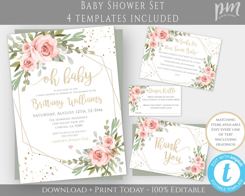 Pink Floral Baby Shower Invitation Template Set, Bohemian Baby Shower Invite, Floral Invitation, Baby Girl Shower, Summer Baby Shower, BSBG image 1