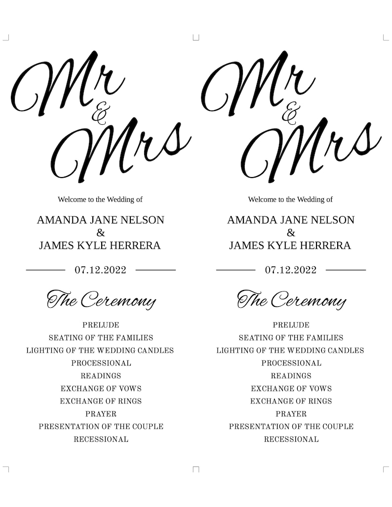 Mr & Mrs Printable Wedding Program Template, Black White Ceremony Program, Clean and Cursive Program, Tea Length Program, Editable image 4