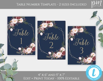 Navy and Gold Wedding Table Number Template, Printable Marsala Rustic Table Number Card, Editable Template, DIY Geometric Numbers, WBNG