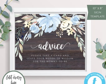 Rustic Floral Boy Baby Shower Advice Sign Template, Blue Advice Sign, DIY Self Edit, Download + Print Yourself, Instant Download, BSRF2