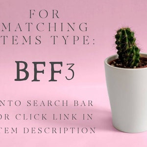 May include: A pink background with white text that reads "FOR MATCHING ITEMS TYPE: BFF3 INTO SEARCH BAR OR CLICK LINK IN ITEM DESCRIPTION". A small potted cactus is on the right side of the image.