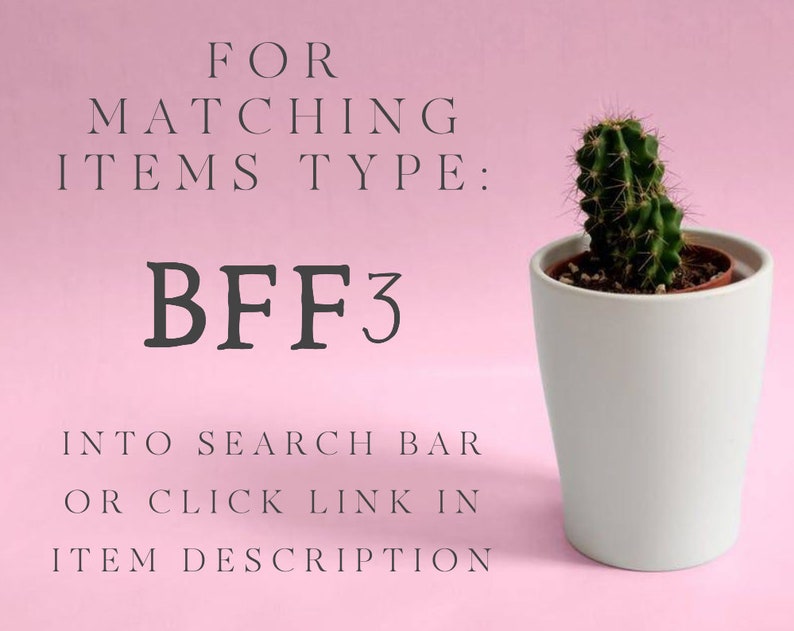 May include: A pink background with white text that reads "FOR MATCHING ITEMS TYPE: BFF3 INTO SEARCH BAR OR CLICK LINK IN ITEM DESCRIPTION". A small potted cactus is on the right side of the image.