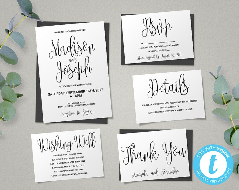 Script Printable Wedding Invitation Set, Wedding Invitation Template, Black and White DIY Printable Invitations, Editable Invitations WBWC image 1