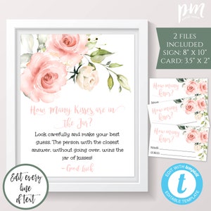 Pink Floral Guess How Many Kisses Baby Shower Game Sign + Card Templates, Editable Guessing Game, Printable Baby Shower Game, BSBP