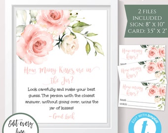 Pink Floral Guess How Many Kisses Baby Shower Game Sign + Card Templates, Editable Guessing Game, Printable Baby Shower Game, BSBP