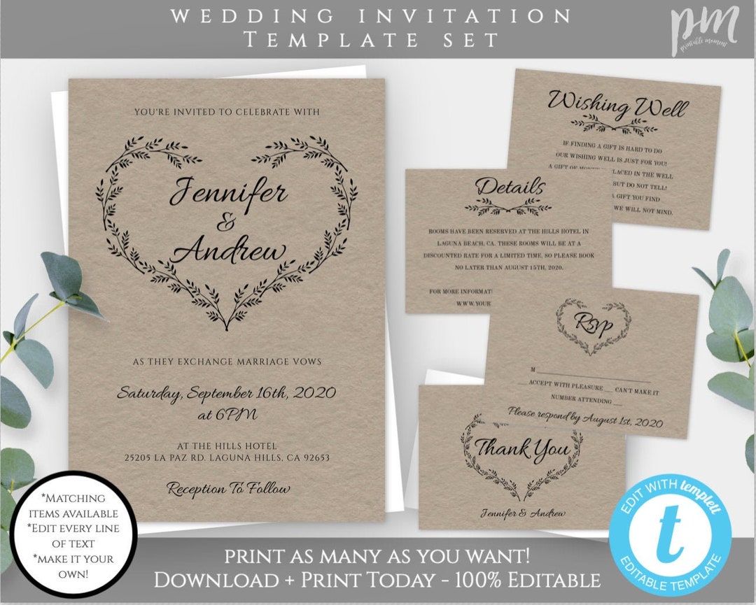 Rustic Wedding Invitation Template Set, Printable Wedding Bundle, Editable Wedding Kit With ...