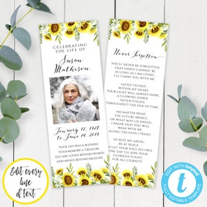 Sunflower Celebration of Life Bookmark Template, Remembrance Bookmark, Personalized Keepsake Yellow Floral Custom Bookmark Funeral Favor SFB