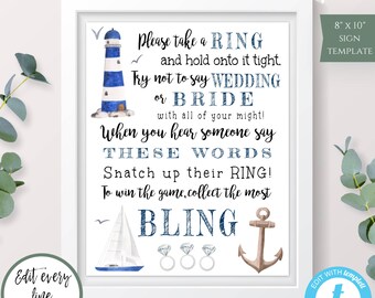 Nautical Put a Ring on It Bridal Shower Game Template, Printable Game, Editable Template, Light House Wedding Shower Game, Ocean, Beach
