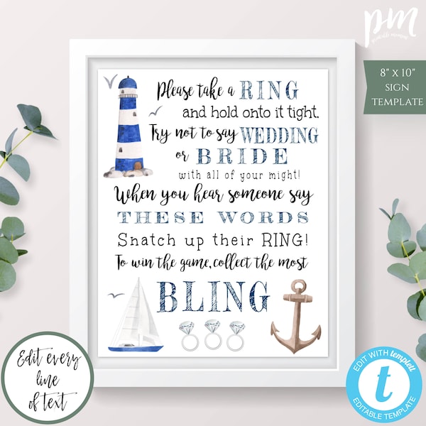 Nautical Put a Ring on It Bridal Shower Game Template, Printable Game, Editable Template, Light House Wedding Shower Game, Ocean, Beach