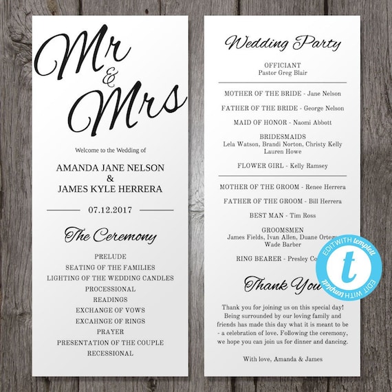 Mr Mrs Printable Wedding Program Template Black White Etsy