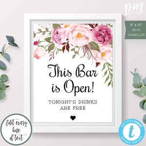 This Bar Is Open Sign Template, Pink Floral Wedding Bar Sign, Editable Drinks Sign, Printable Instant Download, Customizable Sign, WBBH
