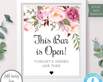 This Bar Is Open Sign Template, Pink Floral Wedding Bar Sign, Editable Drinks Sign, Printable Instant Download, Customizable Sign, WBBH