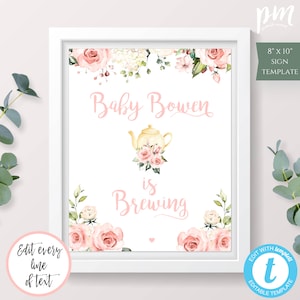 Blush Pink Floral Baby is Brewing Sign Template for Baby Shower, Tea Party Sign,  Baby is Brewing Shower Girl Baby Shower Download BSP2
