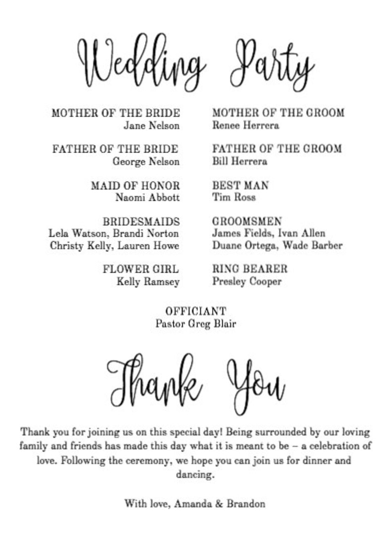 K&ouml;nnte beinhalten: Ein Hochzeitsfeier-Programm mit eleganter Schrift. Oben steht "Wedding Party" und listet die Mitglieder der Hochzeitsgesellschaft auf, einschlie&szlig;lich Braut, Br&auml;utigam und Begleiter. Unten steht "Thank You" mit einer Dankesbotschaft.