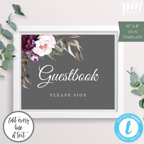 Gray and Plum Floral Wedding Guestbook Sign Template, Instant Download Printable Sign, Editable Sign, DIY Purple Wedding Guestbook Sign WBPG