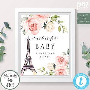 Paris Pink Floral Shower Wishes for Baby Sign Template, Please Take One, Pink Floral Baby Shower Sign, Eiffel Tower Baby Shower Sign, BSP3