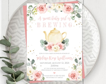 Eucalyptus A Baby Is Brewing Invitation Template, Editable Baby Shower Invite With Watercolor Blush Pink Flowers, Printable Tea Party Invite