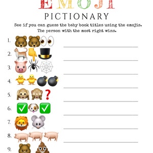 May include: A white game sheet titled "Children's Book Emoji Pictionary" with colorful decorative circles. The game features emoji clues to guess baby book titles. Includes lines for answers and emoji clues.