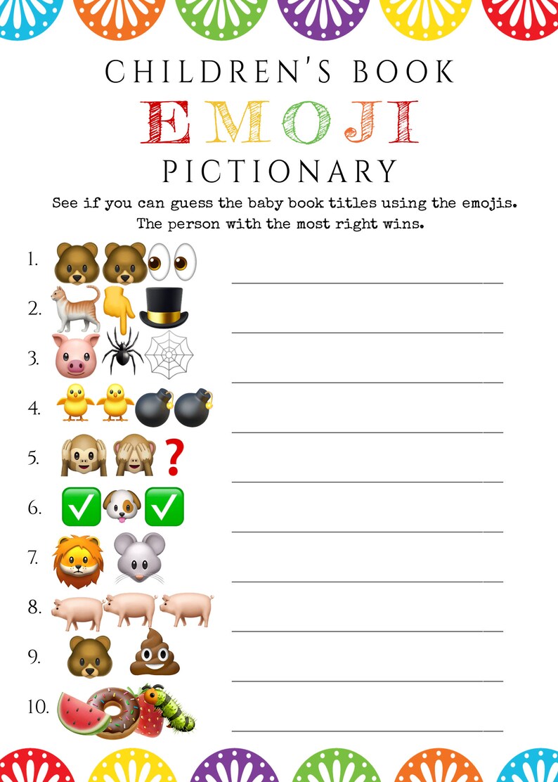 May include: A white game sheet titled "Children's Book Emoji Pictionary" with colorful decorative circles. The game features emoji clues to guess baby book titles. Includes lines for answers and emoji clues.
