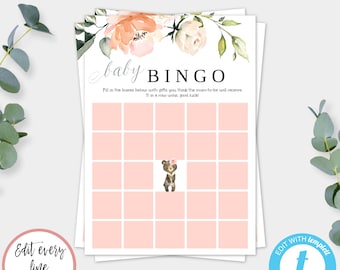 Teddy Bear Baby Shower Bingo Template, Baby Shower Game, Girl Baby Shower Bingo Card, Peach Shower for Girl, DIY Woodland Shower Game, BSP4