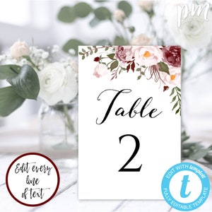 Modèle de numéro de table florale Bourgogne, numéro de table Marsala pour mariage, carte de numéro de table bourgogne imprimable, modifier + imprimer vous-même, WBBM