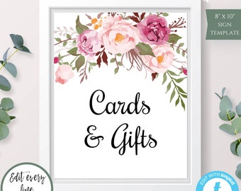 Pink Floral Cards and Gifts Sign Template, Printable Bohemian Cards and Gifts Sign DIY Boho Sign Edit + Print Yourself Instant Download WBBH