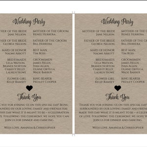 May include: A wedding announcement card with a rustic brown background. The card features the names of the wedding party members, including the bride and groom's parents, maid of honour, bridesmaids, groomsmen, best man, flower girl, and ring bearer. The card also includes the text "Wedding Party" and "Thank You".