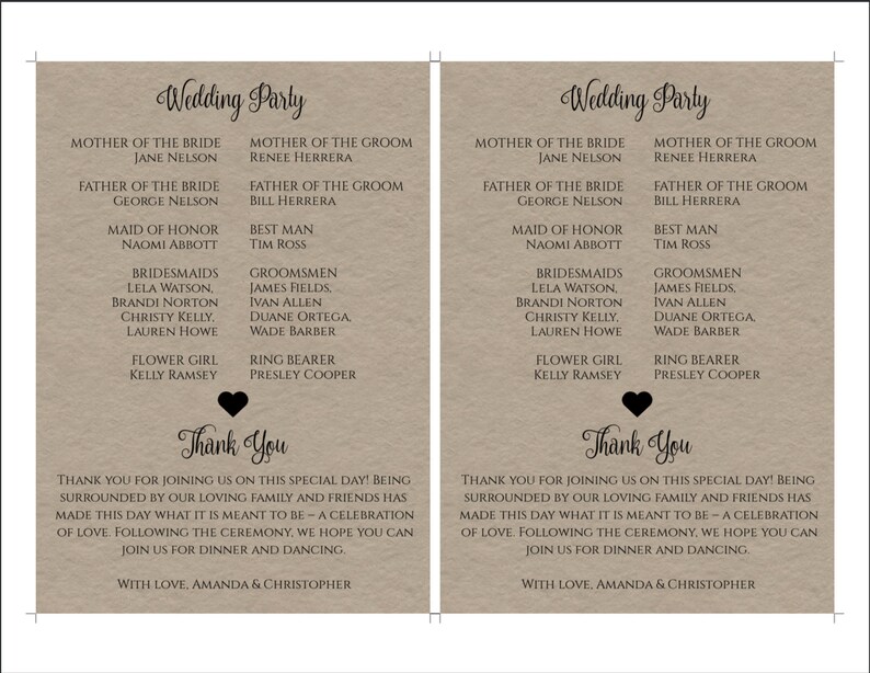 May include: A wedding announcement card with a rustic brown background. The card features the names of the wedding party members, including the bride and groom's parents, maid of honour, bridesmaids, groomsmen, best man, flower girl, and ring bearer. The card also includes the text "Wedding Party" and "Thank You".