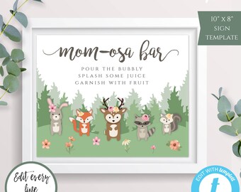 Woodland Animal Girl Baby Shower Mom-osa Bar Sign Template Mimosa Bar Sign for Baby Shower Pink Floral Shower Drinks Sign Forest Animal BSW3