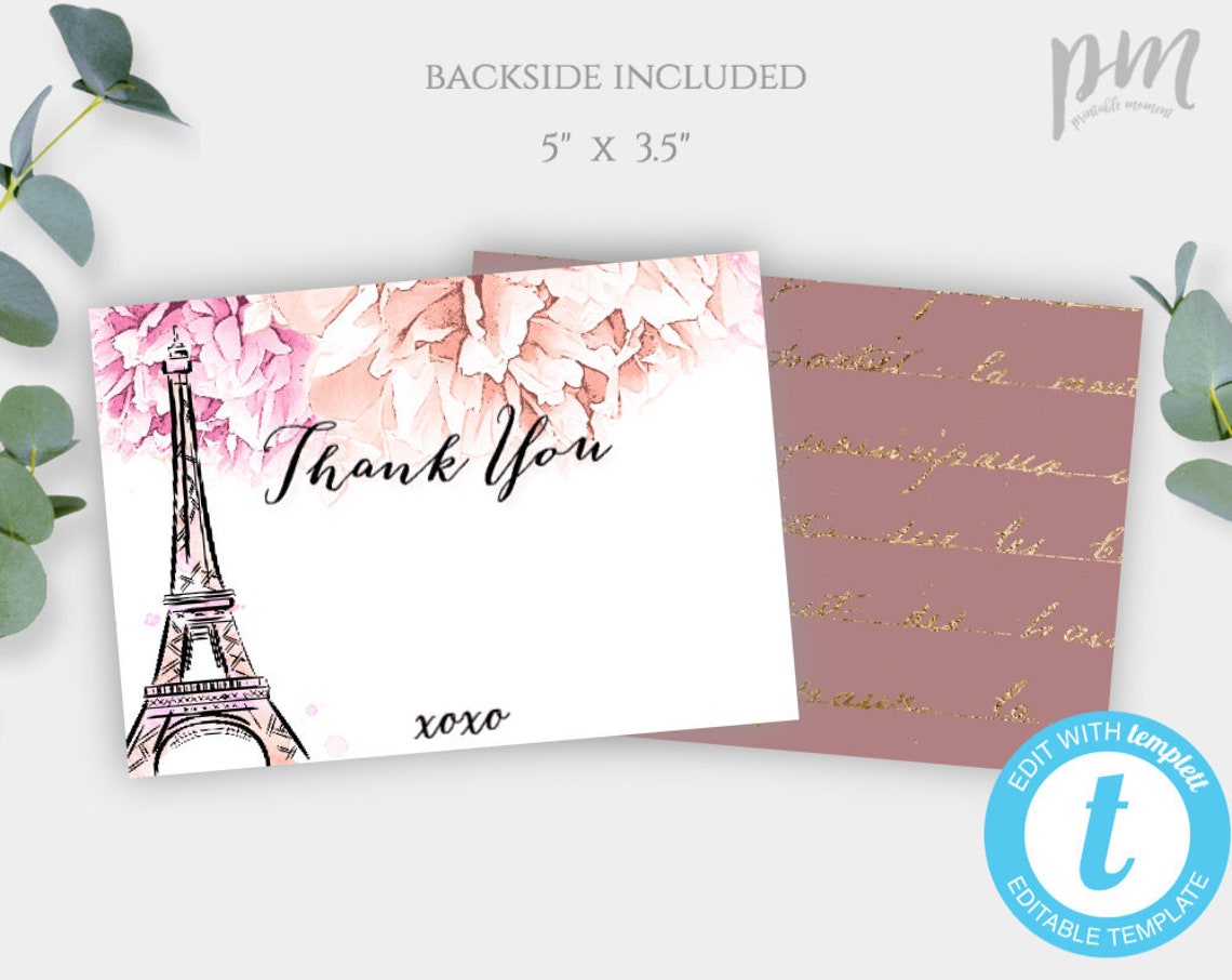 Paris Thank You Card Template French Bridal Shower Thank You | Etsy
