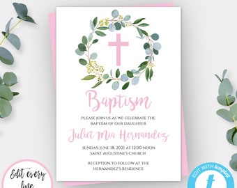 Pink Baptism Invitation Template, Greenery Baptism Invitation, Printable Baptism Invite, Girl Baptism Template, INSTANT DOWNLOAD, Editable