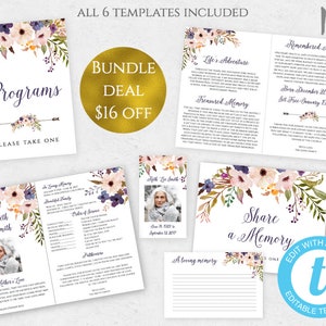 Purple Floral Funeral Program Set, Downloadable Funeral Template, In Loving Memory Funeral Print, Editable Celebration of Life Template PFF5