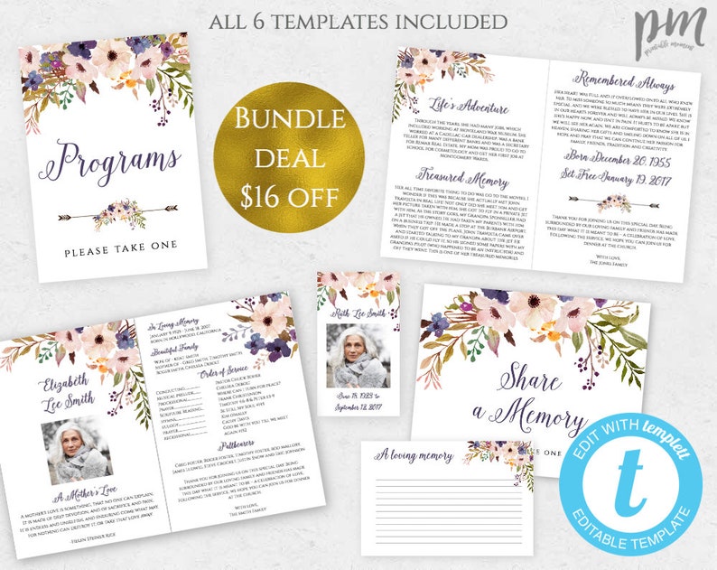 May include: A set of six printable funeral program templates with floral designs in shades of pink, purple, and green. The templates include a program, a memorial card, a memory page, and a share a memory page. The text on the templates reads "Programs", "Remembered Always", "Life's Adventure", "Treasured Memory", "Share a Memory", and "A Loving Memory".
