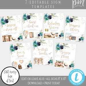 Adventure Awaits Baby Shower Sign Template Set, Blue Floral Baby Shower, Printable Travel Shower Decor, DIY Editable Suitcase Signs, AA