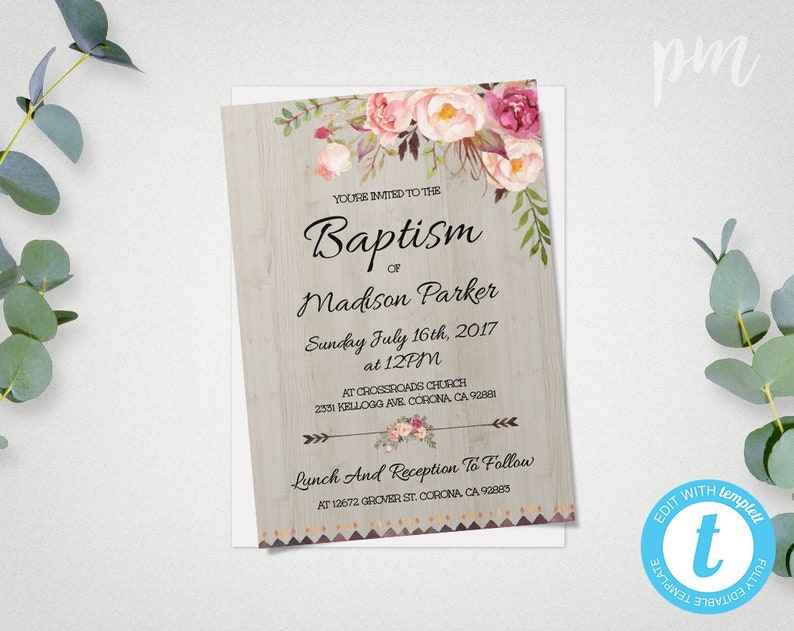 Floral Baptism Invitation Template Christening Invite Etsy
