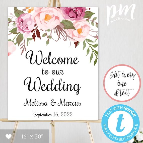 Pink Floral Welcome Sign, Wedding Welcome Sign Template, DIY Welcome Wedding Poster, Printable Welcome Sign, Editable Welcome Sign, WBBH