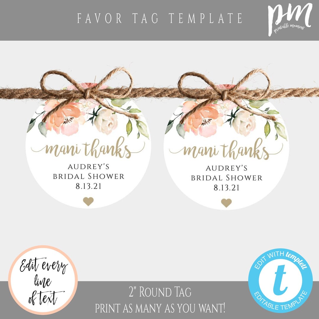 Mani Thanks Peach Floral Thank You Favor Tag Template, Editable Gift ...