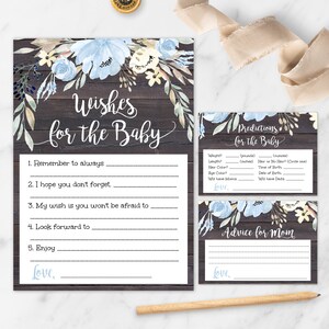 Rustic Floral Keepsake for Boy Baby Shower, Wishes For Baby, Advice For Mommy, Predictions For Baby, Editable Blue Floral Shower Cards BSRF2
