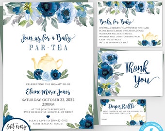 Blue Baby Par-Tea Invitation Template Set, Watercolor Flowers Baby Shower Invite, Blue Floral Baby Shower DIY Printable Tea Party Boy, BSTBF
