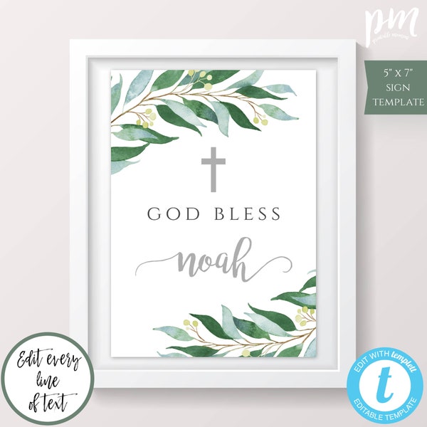 God Bless Sign Template for Boy, Greenery Baptism Sign, Baptism Gift Boy, Unique Baptism Sign, Baby Name, Editable Communion Custom Sign