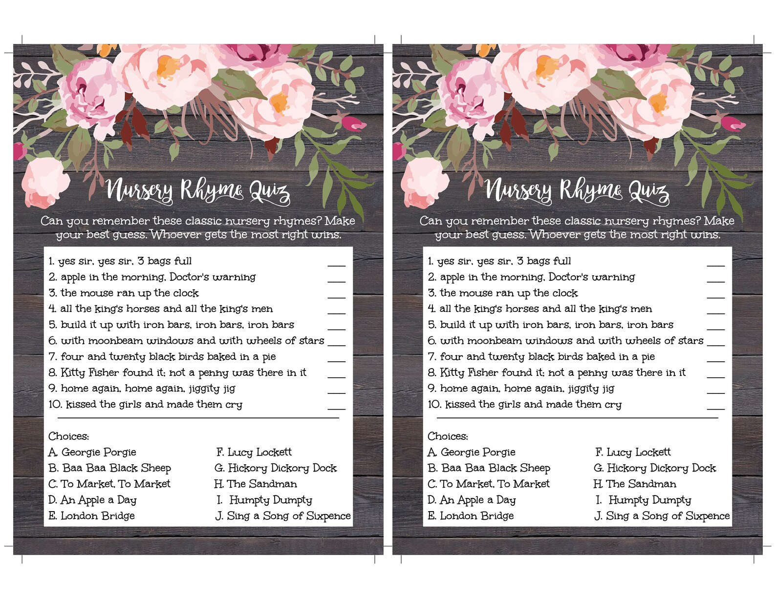 Nursery Rhyme Quiz Template Rustic Floral Baby Shower Game - Etsy