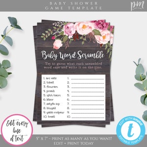 Baby Word Scramble Game Template, Rustic Floral Baby Shower, Instant Download, Shower Games, Baby Shower Printable Editable Baby Games BSRF3