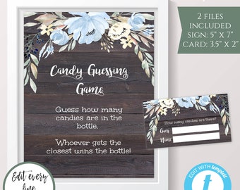 Rustic Floral Candy Guessing Game Template, Boy Baby Shower, Self Edit + Print, Guess How Many Candies are in the Jar Instant Download BSRF2