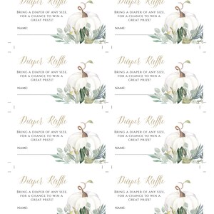 May include: Six white printable diaper raffle tickets with a watercolor pumpkin and greenery design. The text on the tickets reads "Diaper Raffle" and "Bring a diaper of any size, for a chance to win a great prize!" with a line for a name.