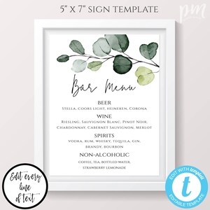 Modelo de menu de bar de vegetação para casamento, placa de menu de bar para impressão, menu de bebidas, placa de bar de casamento editável, placa de bar DIY 5x7, placa de bebidas, WBGE