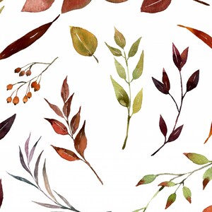以下が含まれることがあります： 赤、オレンジ、緑、茶色の色合いの秋の葉と枝の水彩画。葉は円形に配置され、自然で有機的なデザインを生み出しています。
