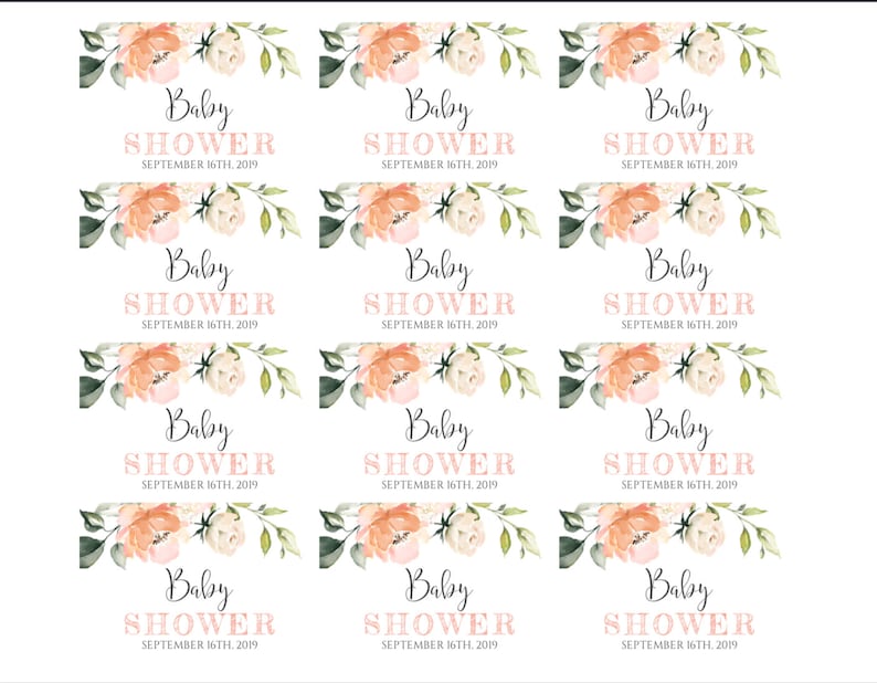 BSP2 Mini Champagne Bottle Label Templates Peach Floral Watercolor Baby Shower Decor for Girl DIY Editable Template Water Bottle Label