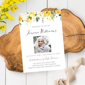Yellow Floral Funeral Template, Printable Funeral Template, Instant Download Funeral Program Template In Loving Memory Editable Obituary YFF
