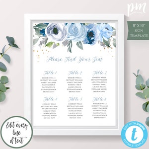 Blue Floral Seating Chart Sign Template for Bridal Shower Decor, Bridal Shower Printable, DIY Editable Template, Find Your Seat, BFWS